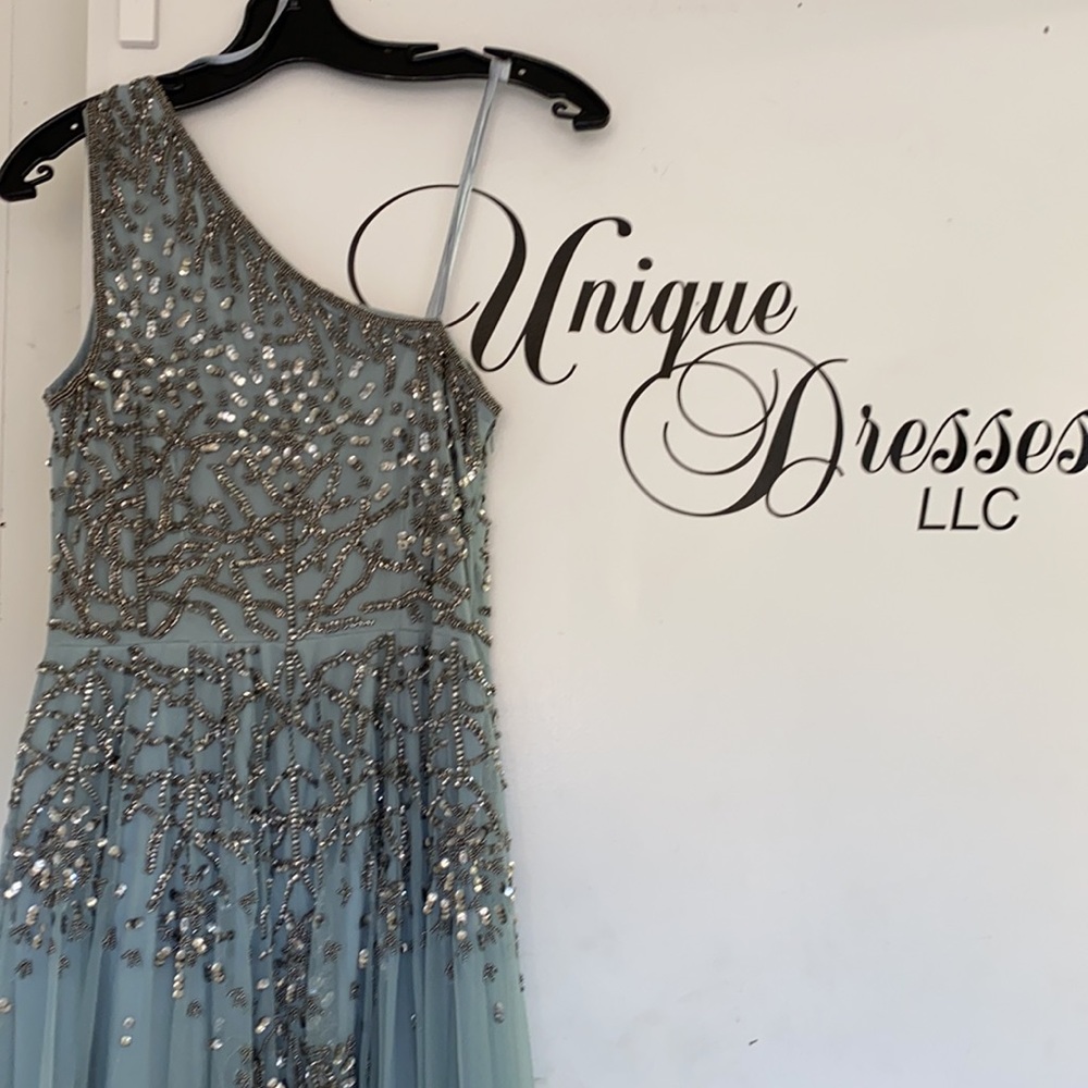 Adrianna Papell one shoulder light blue beaded long gown - Picture 10 of 13